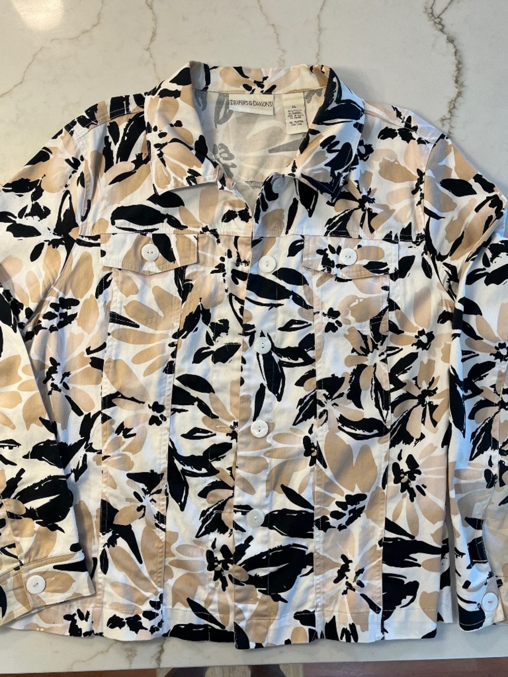 White Draper's and Damon's Light Weight Jacket with Black and Tan Florals